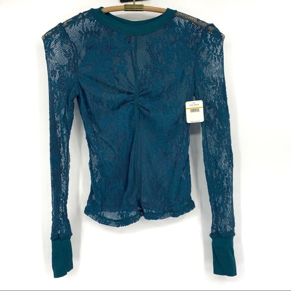 Free People Emerald Empire Jewel Lace Knit Stretchy Long Sleeve Crew Top - Picture 3 of 8